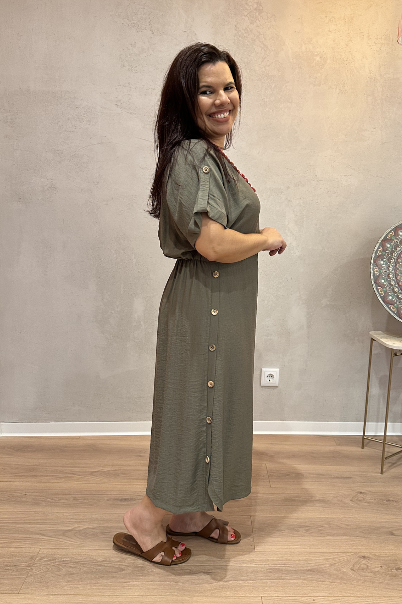 Robe Taupe en Maille Côtelée avec Contraste - RUGA