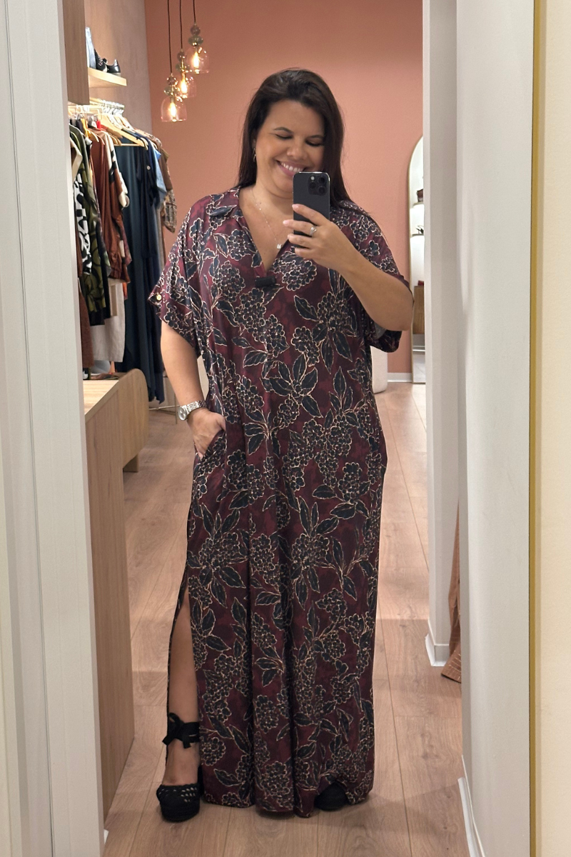 Vestido Hunny Malha Fria Floral Bordô