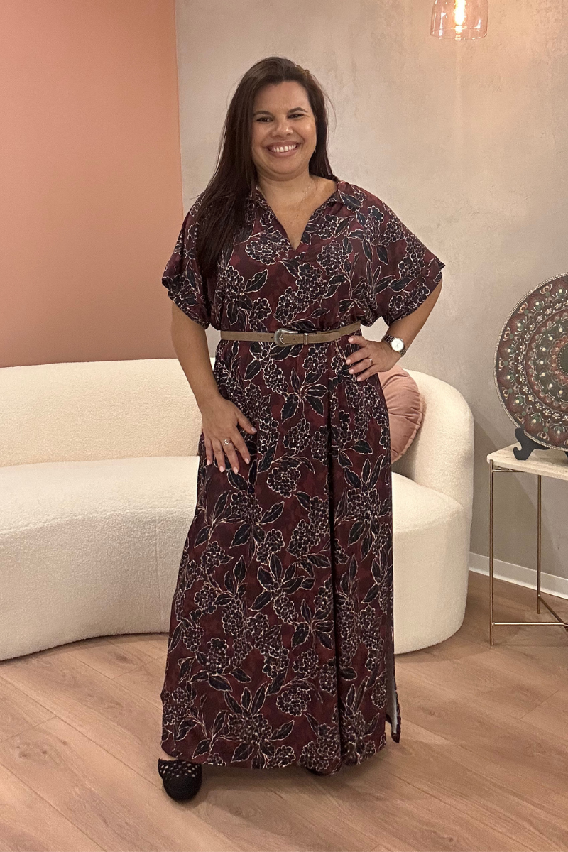 Vestido Hunny Malha Fria Floral Bordô