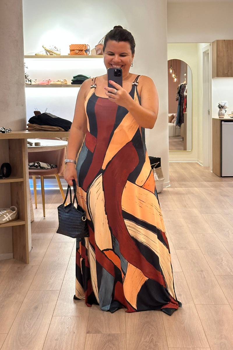 Vestido Hunny Malha Fria Estampado Alças Aplicação