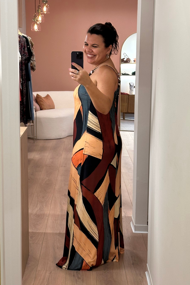 Vestido Hunny Malha Fria Estampado Alças Aplicação