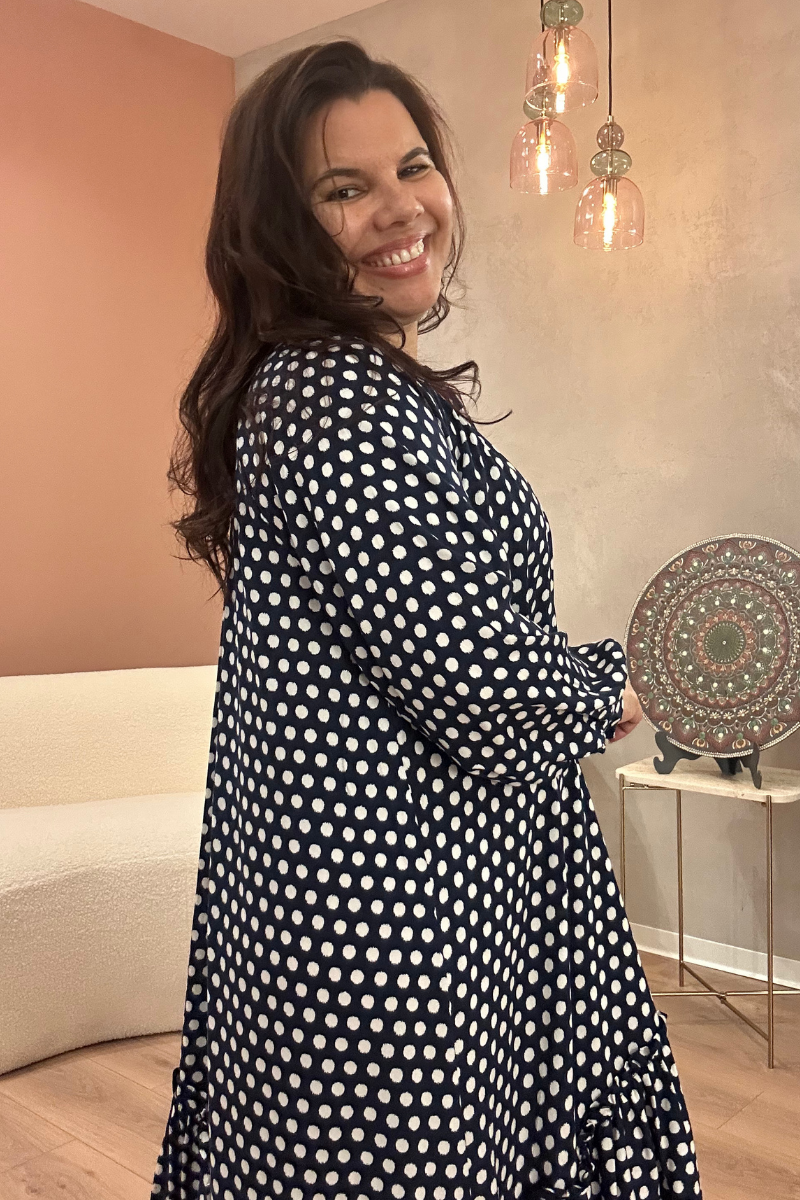 Vestido Bohome Bolas Azul Marinho