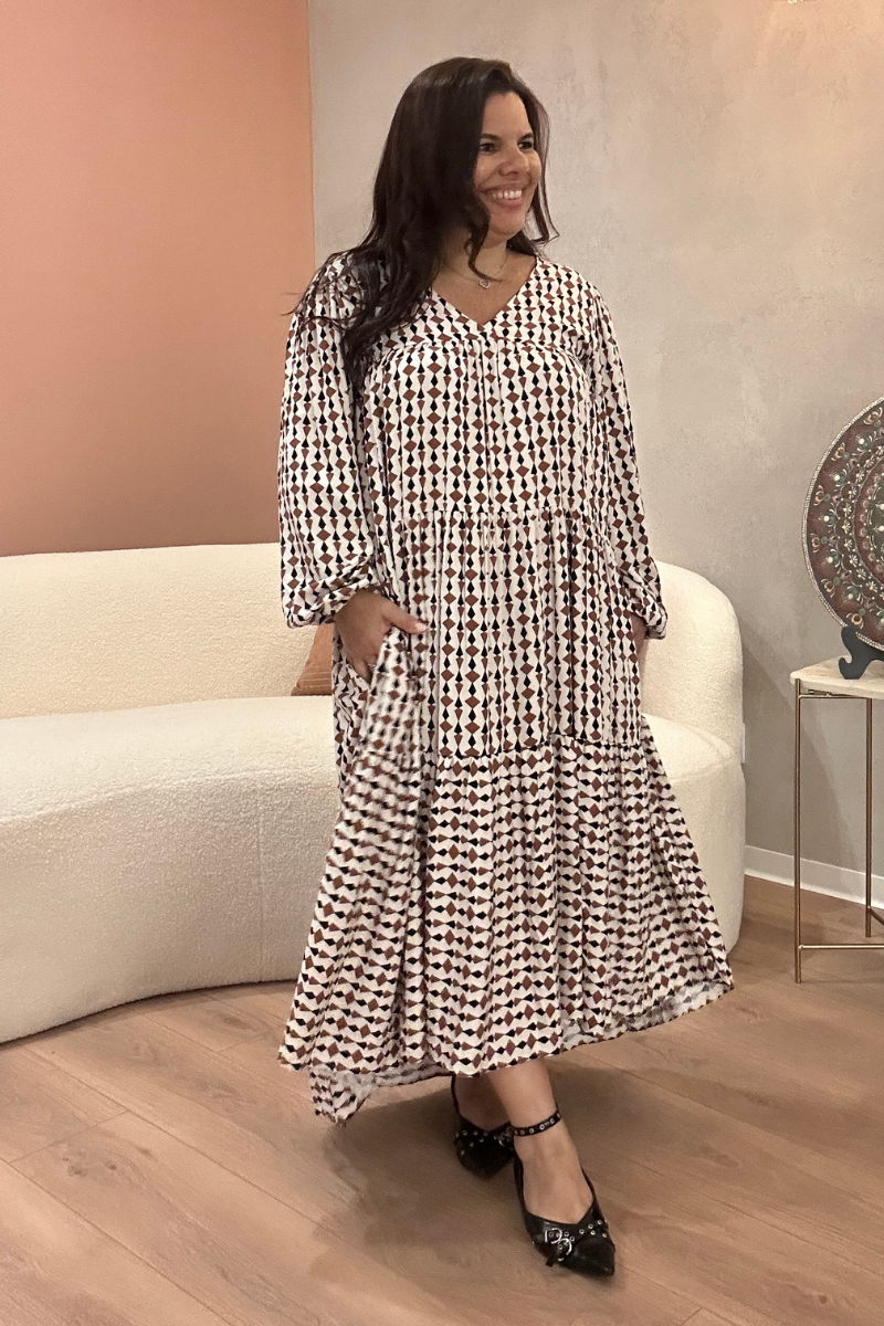 Vestido Bohome Folhos Estampado Geométrico