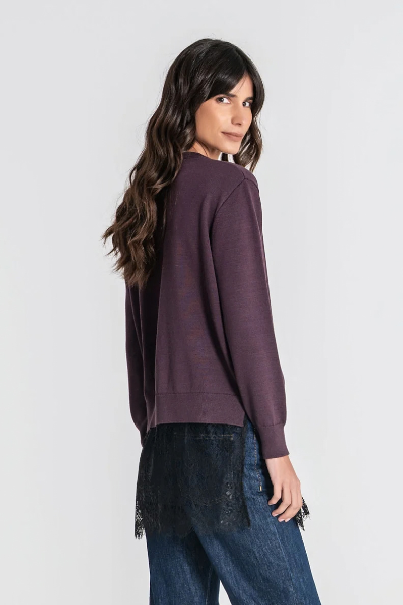 Camisola Rüga Oversize com Renda Beringela