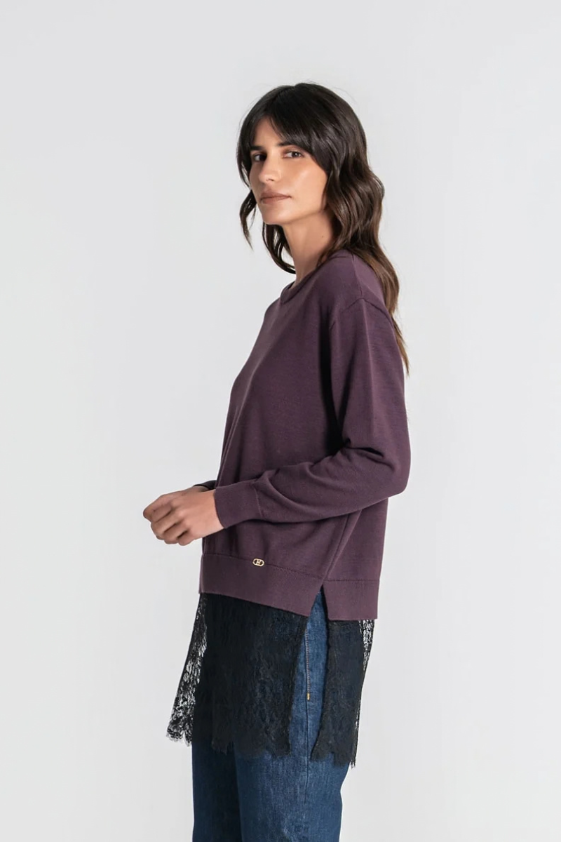 Camisola Rüga Oversize com Renda Beringela