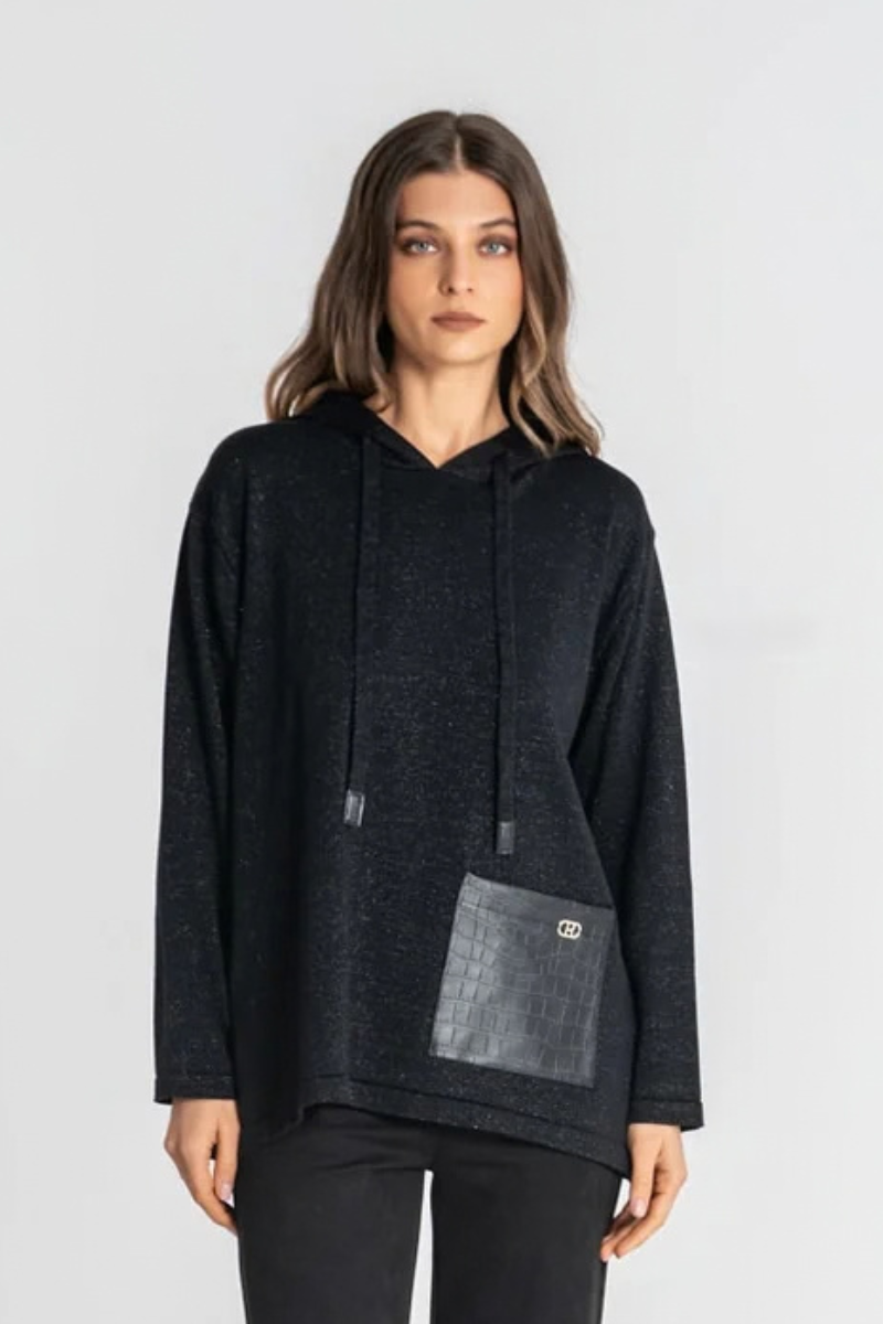 Camisola Rüga Capuz com Bolso Polipele Preta