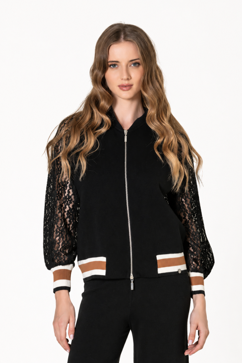 Bomber Rüga com manga em renda Preto
