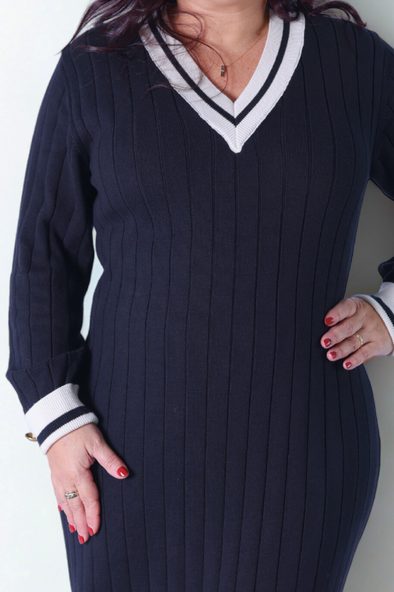 Vestido Azul Marino Canalé con Contraste - RUGA