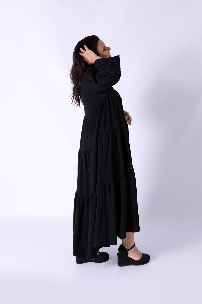 Vestido Bohome Folhos Preto