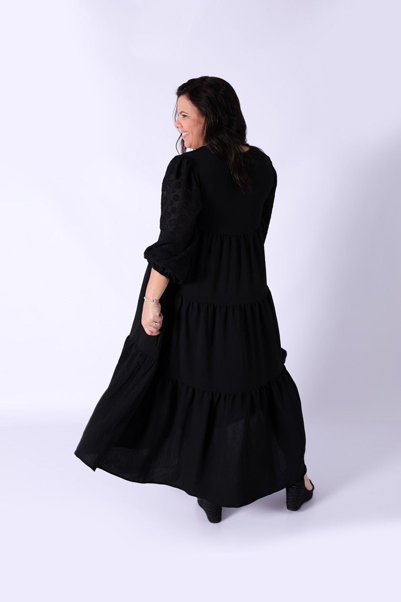 Vestido Bohome Folhos Preto