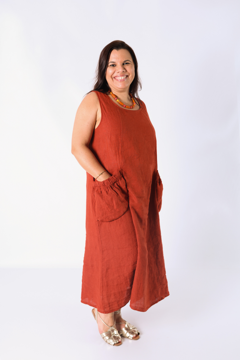 Vestido Linho Bolsos Terracota