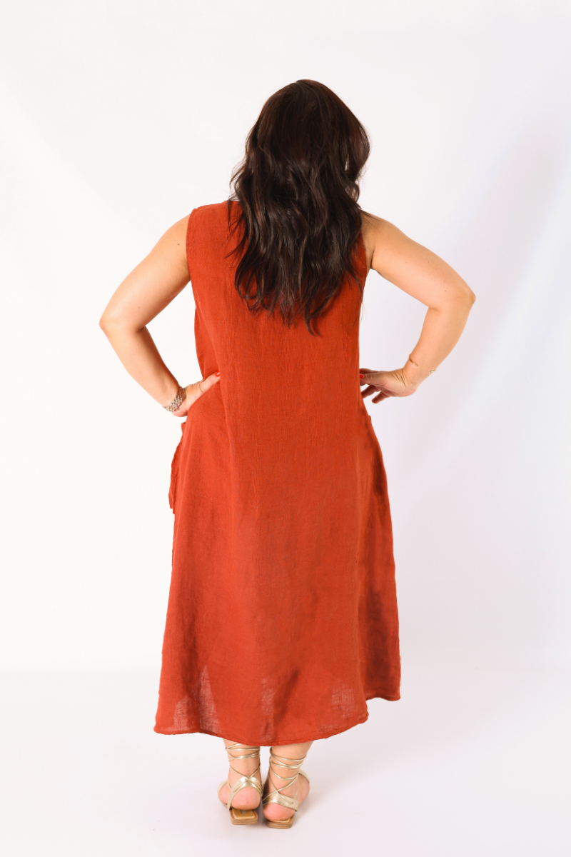 Vestido de Lino con Bolsillos Terracota