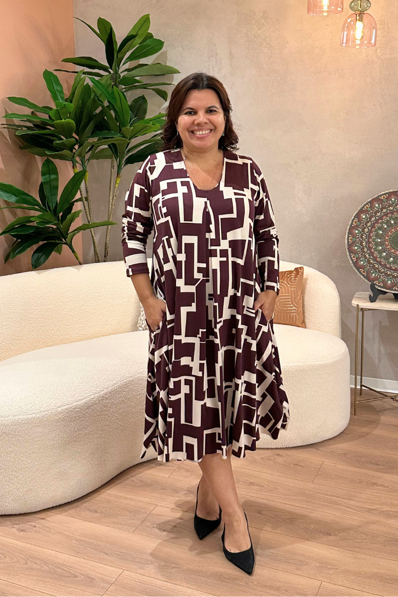 Vestido Tropical Brasil Midi Geométrico Borgonha