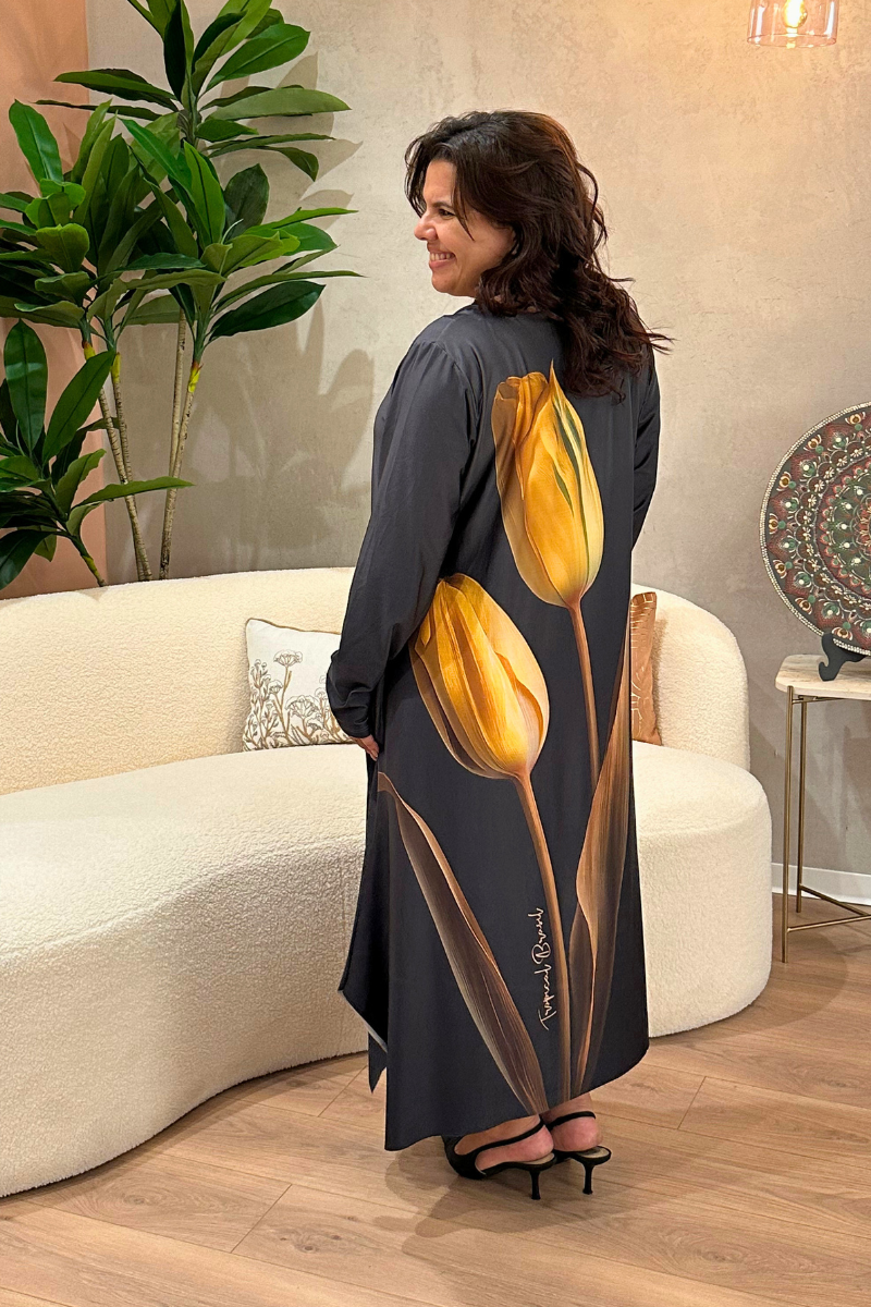 Vestido Tropical Brasil Midi Tulipa Grafite