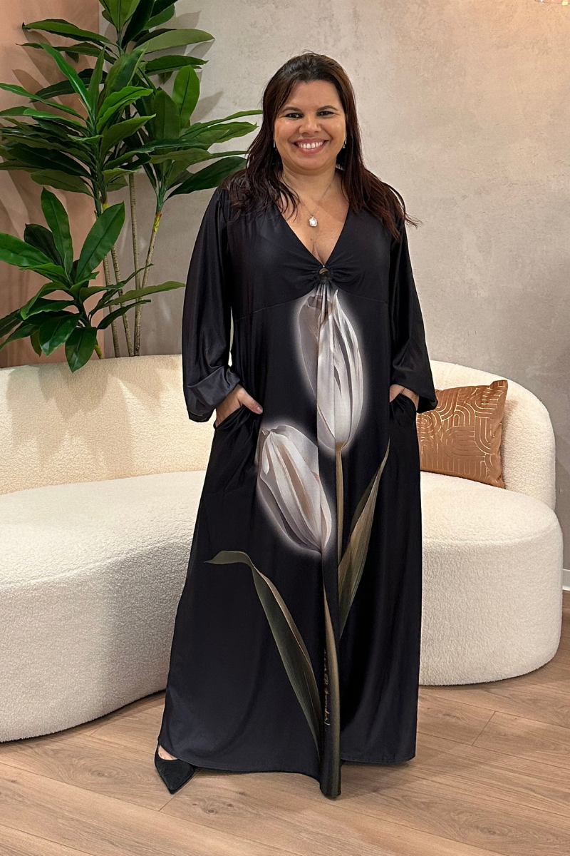 Vestido Tropical Brasil Premium Tulipa Preto