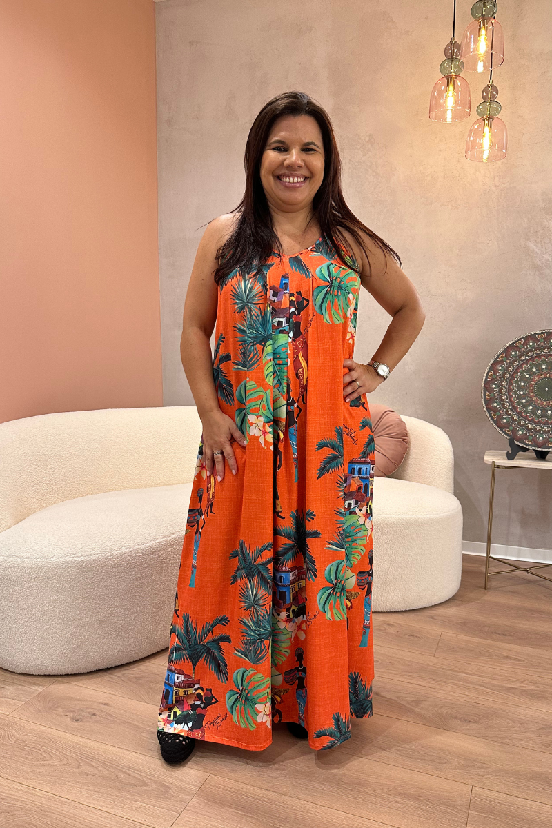 Vestido Lycra Premium Tropical Brasil Laranja