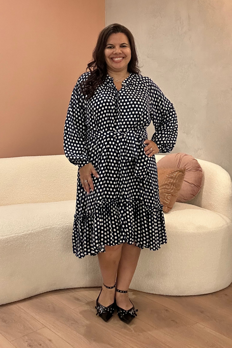 Vestido Bohome Bolas Azul Marinho