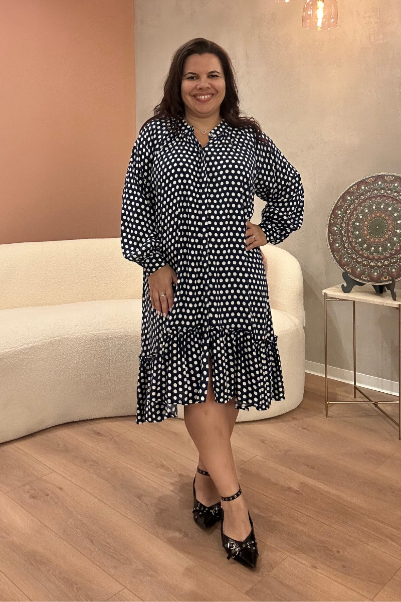 Vestido Bohome Bolas Azul Marinho