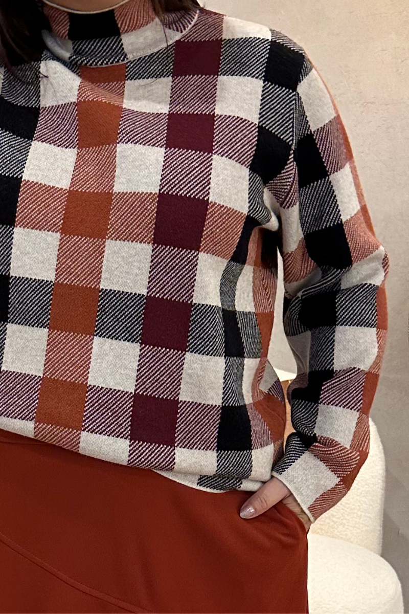 Camisola Rüga Gola Alta Quadrados Terracota