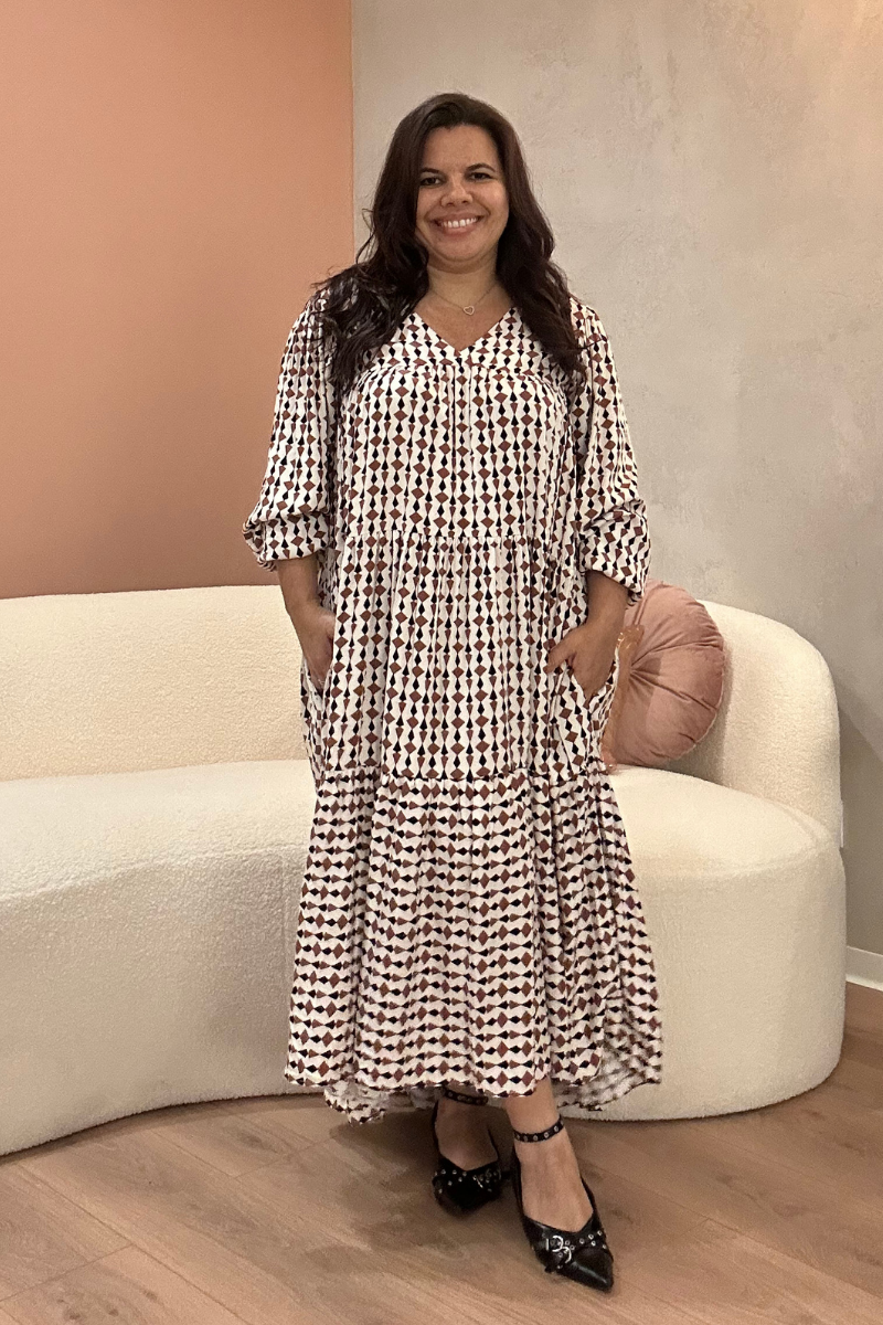 Vestido Bohome Folhos Estampado Geométrico
