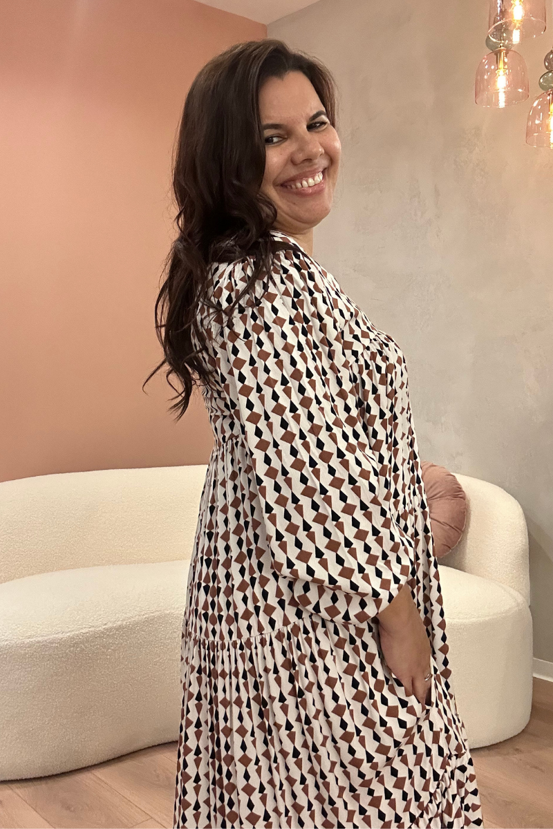 Vestido Bohome Folhos Estampado Geométrico