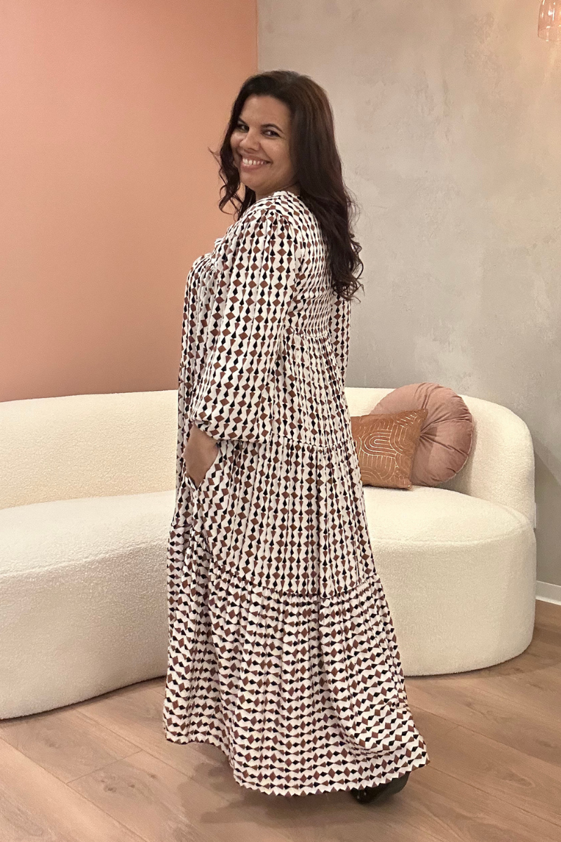 Vestido Bohome Folhos Estampado Geométrico