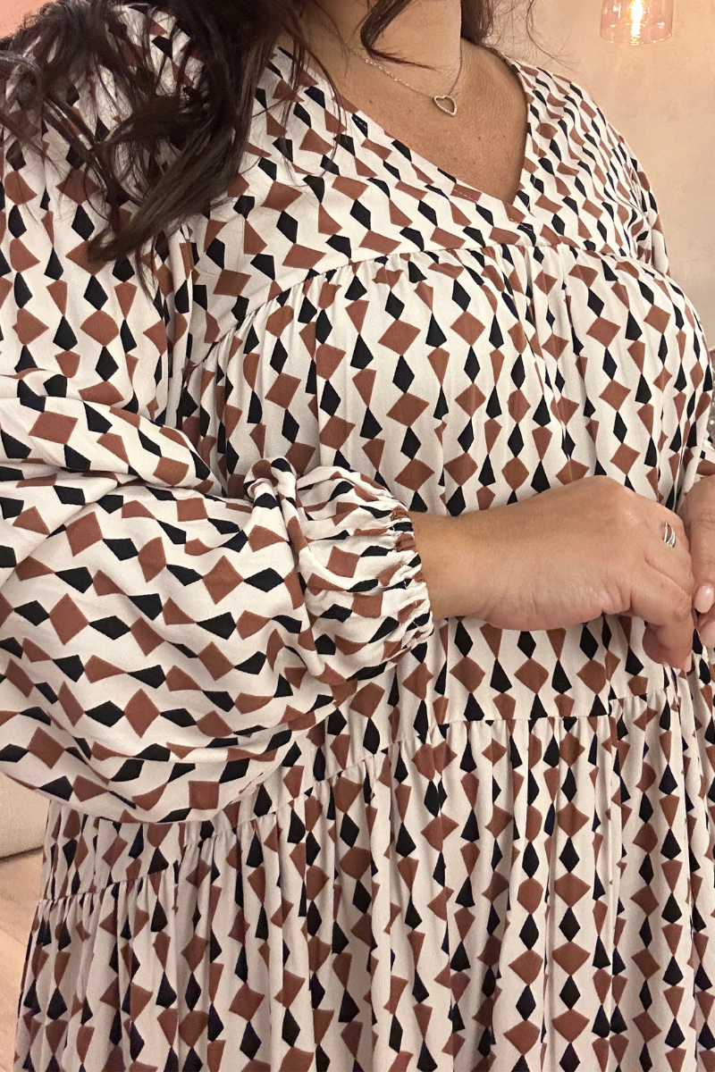 Vestido Bohome Folhos Estampado Geométrico
