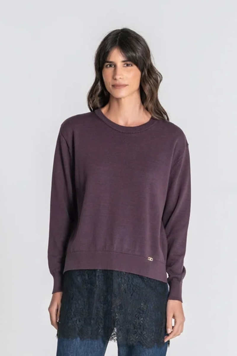 Camisola Rüga Oversize com Renda Beringela