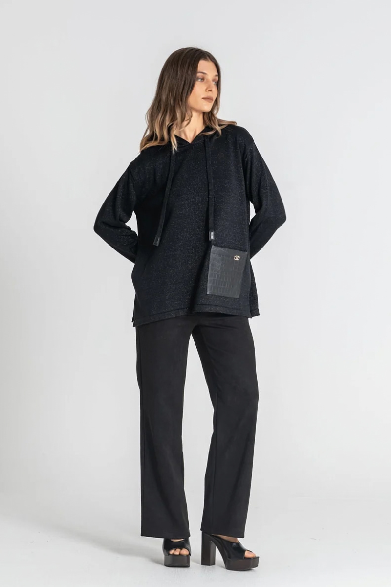 Camisola Rüga Capuz com Bolso Polipele Preta