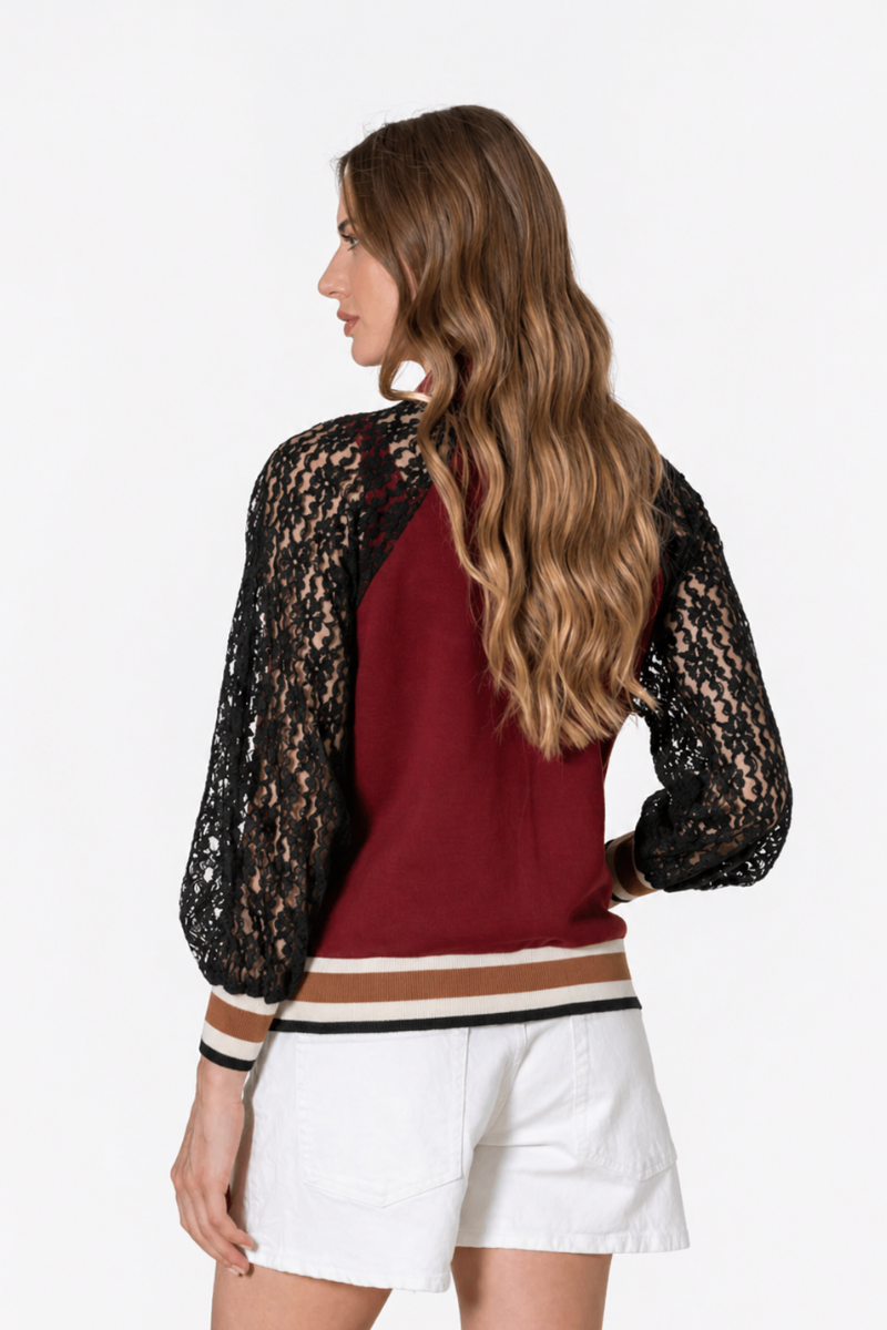 Bomber Rüga com manga em renda Bordeaux