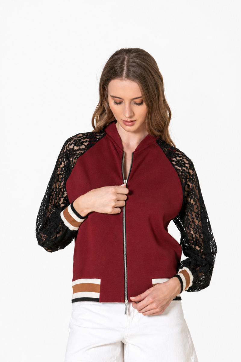 Bomber Rüga com manga em renda Bordeaux