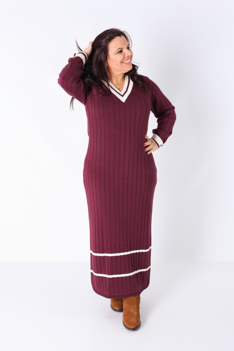 Vestido Borgonha Canelado com Contraste - RUGA