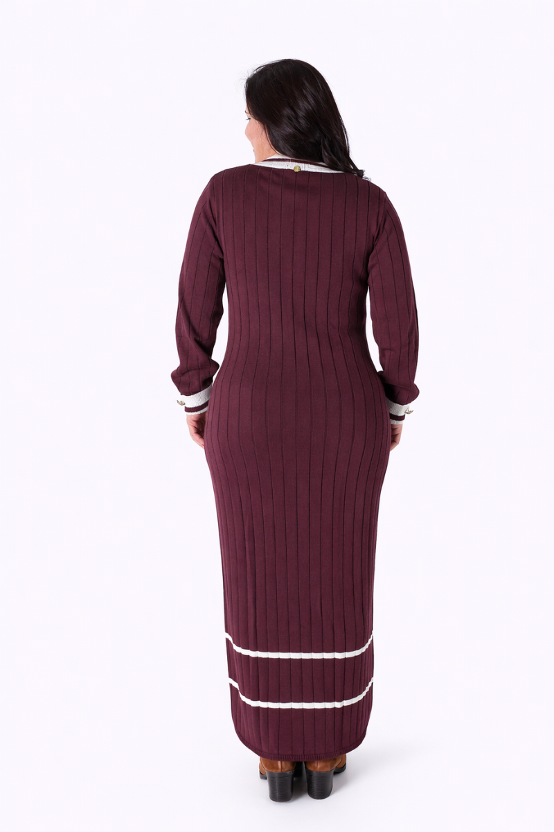 Vestido Rüga Borgonha Canelado com Contraste