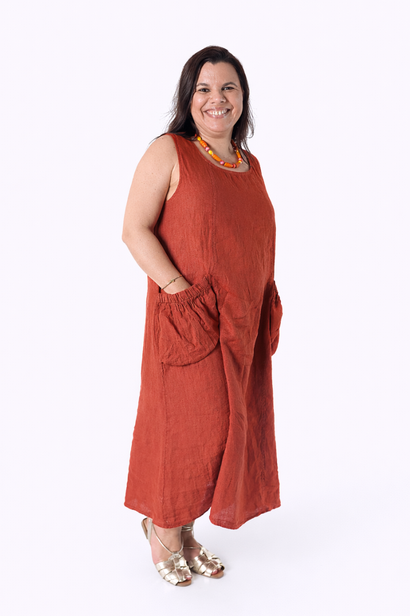 Vestido de Lino con Bolsillos Terracota