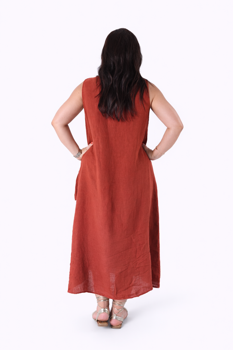 Vestido de Lino con Bolsillos Terracota
