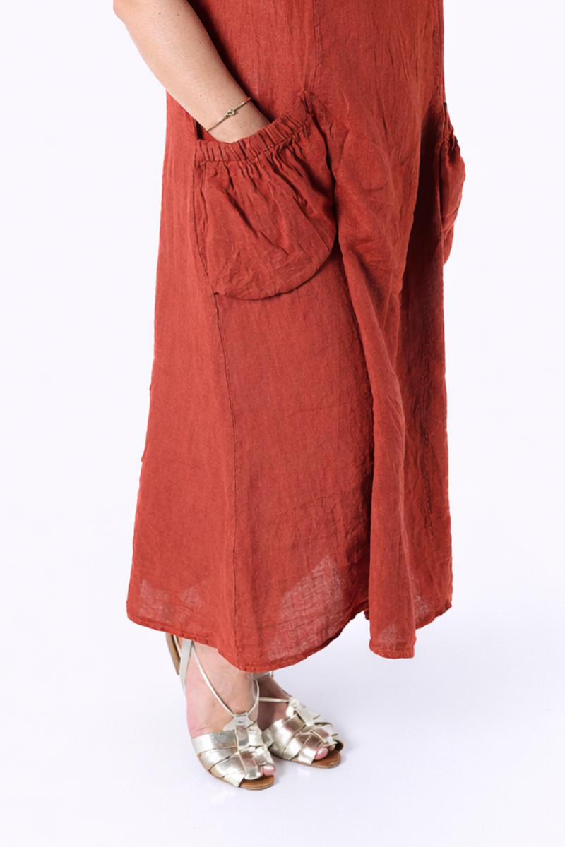 Vestido Linho Bolsos Terracota
