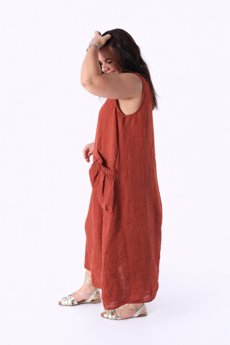 Vestido Linho Bolsos Terracota