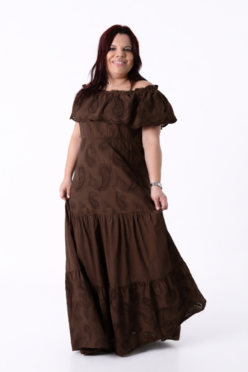 Vestido Rüga Bordado Inglês Castanho