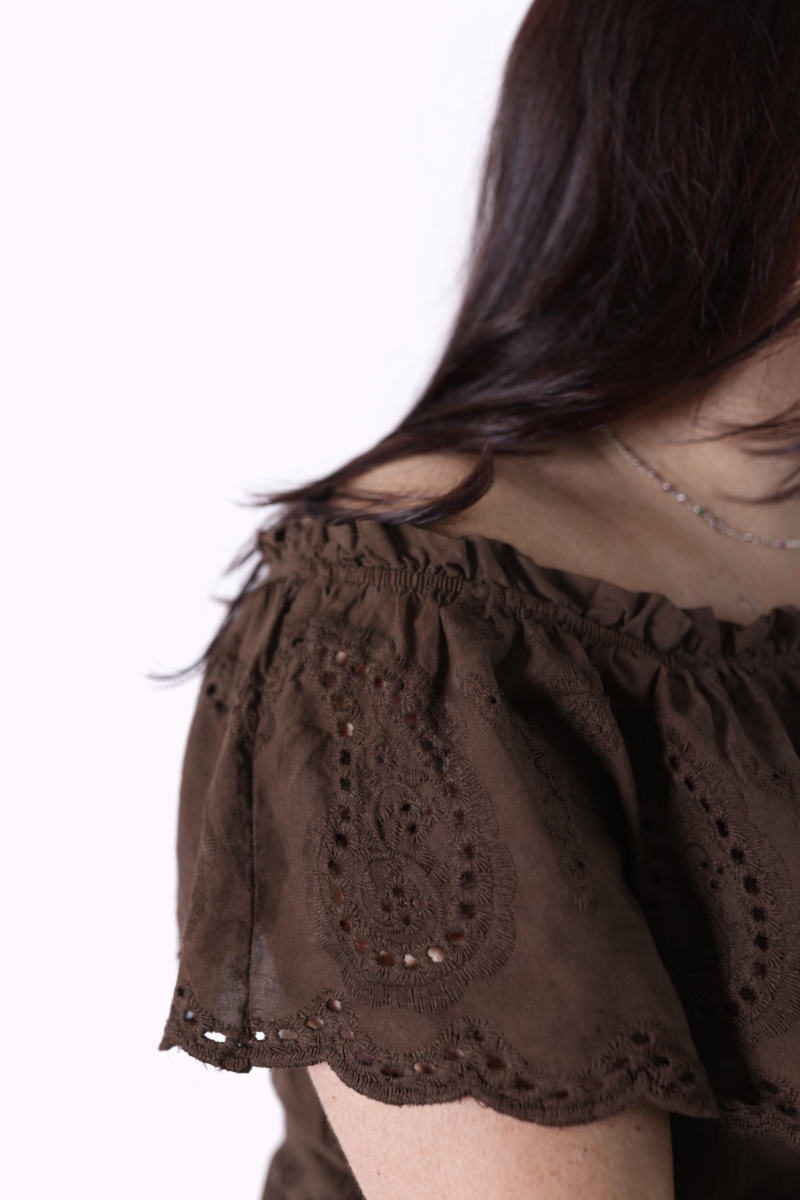Vestido Rüga Bordado Inglês Castanho