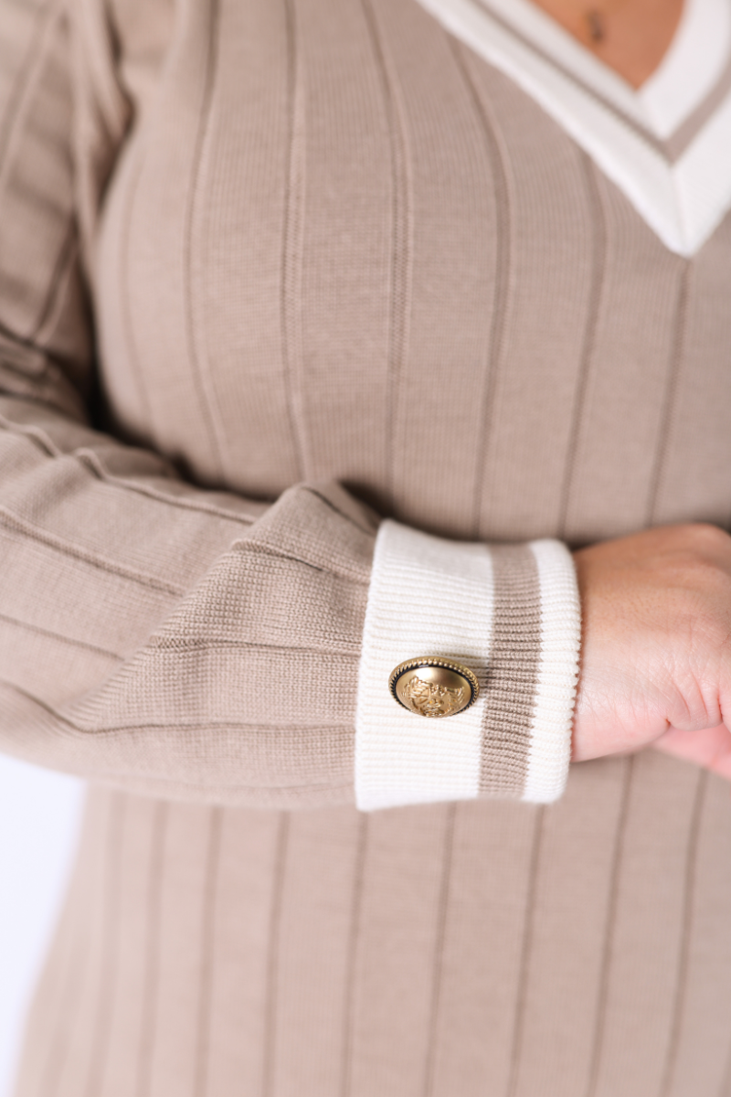 Robe Taupe en Maille Côtelée avec Contraste - RUGA