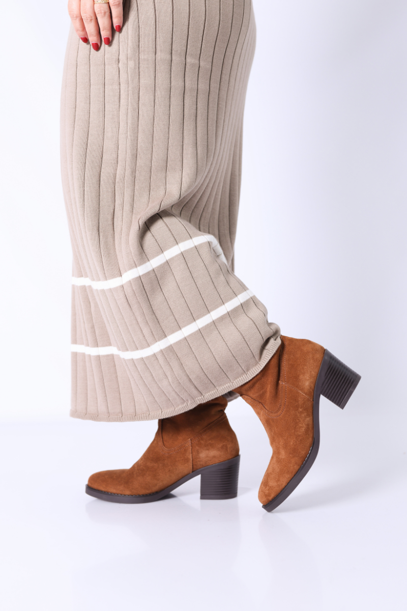 Robe Taupe en Maille Côtelée avec Contraste - RUGA