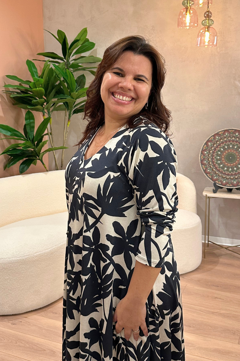 Vestido Tropical Brasil Midi Folhagem Preto