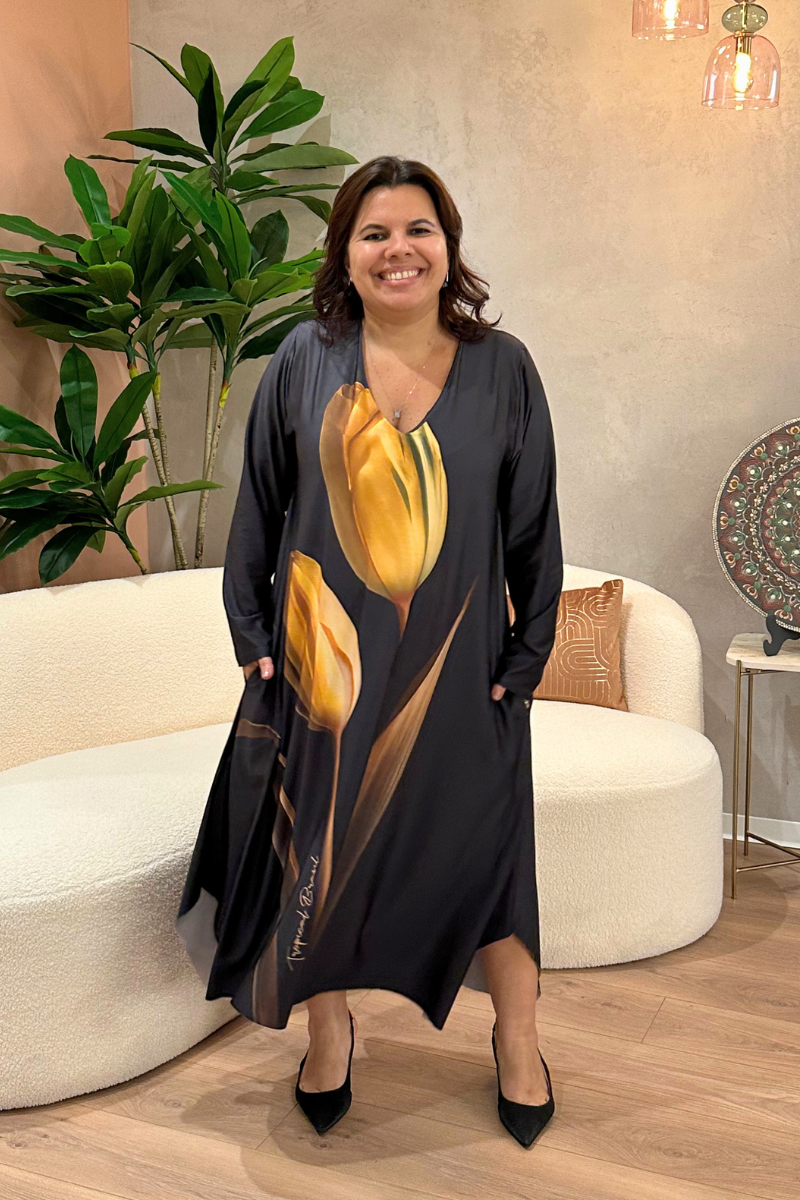 Vestido Tropical Brasil Midi Tulipa Grafite