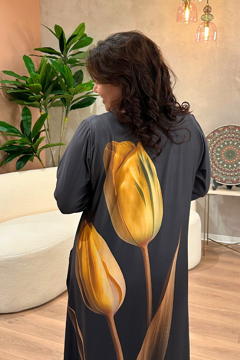 Vestido Tropical Brasil Midi Tulipa Grafite