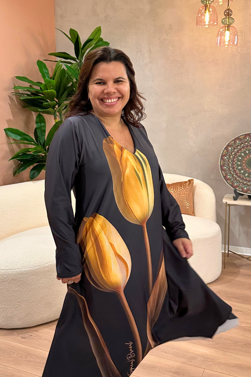 Vestido Tropical Brasil Midi Tulipa Grafite
