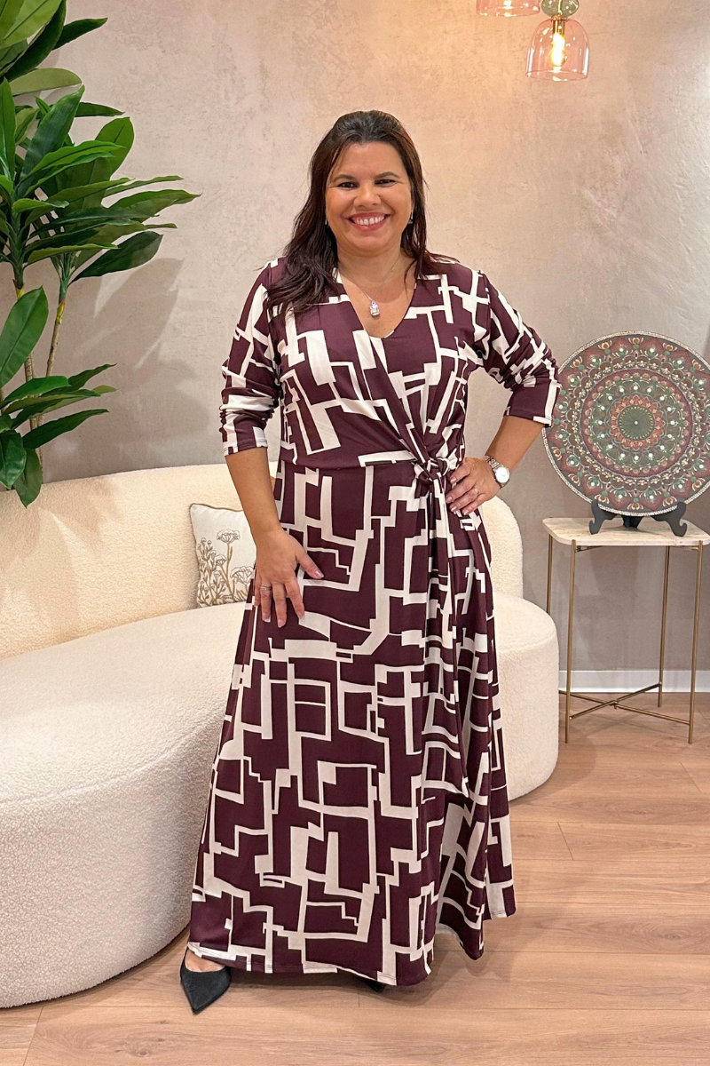 Vestido Tropical Brasil Premium Geométrico Borgonha