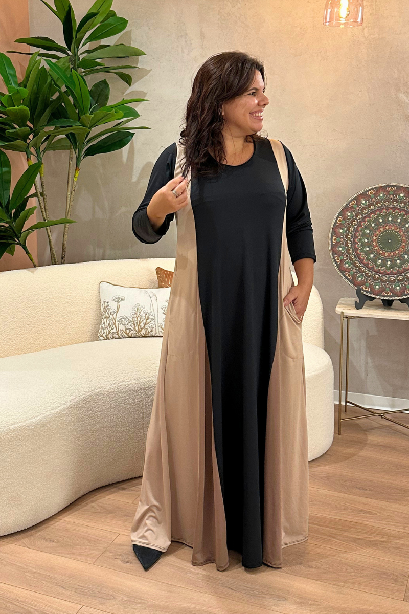 Vestido Tropical Brasil Tricolor Preto e Beige
